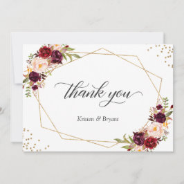 Geometric Gold Frame Burgundy Red Floral Wedding Dankeskarte
