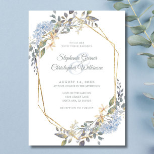Geometric Gold Frame Dusty Blue Florals Wedding Einladung