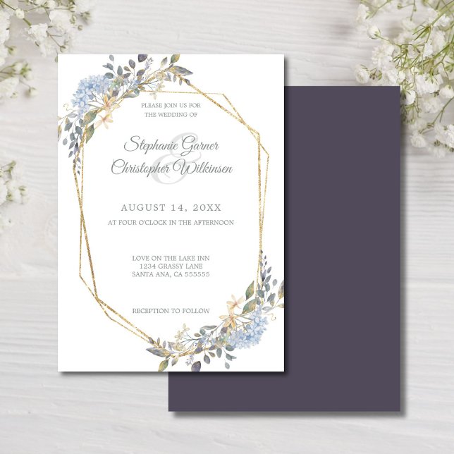 Geometric Gold Frame Dusty Blue Florals Wedding Einladung (Von Creator hochgeladen)