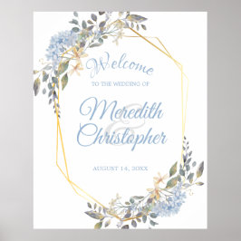 Geometric Gold Frame Dusty Blue Florals Willkommen Poster