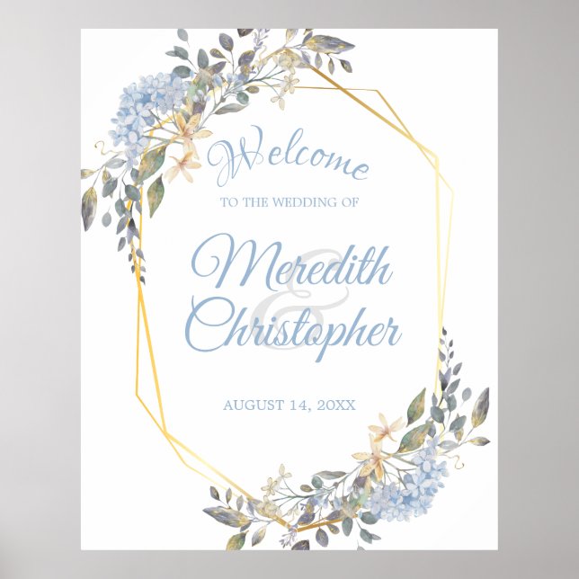 Geometric Gold Frame Dusty Blue Florals Willkommen Poster (Vorne)