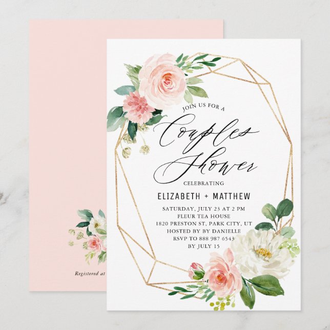 Geometric Gold Frame Rosa Florals Paare Dusche Einladung (Vorne/Hinten)