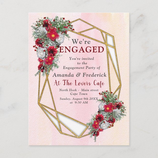 Geometric - Gold Glitzer Burgundy Bouquets Einladungspostkarte (Vorderseite)