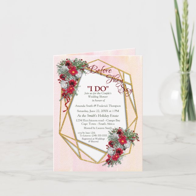 Geometric - Gold Glitzer Burgundy Couple Shower Einladung (Vorderseite)