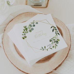 Geometric Gold Green Calligraphy Birthday Party Serviette