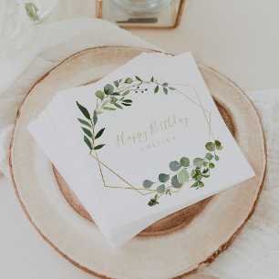 Geometric Gold Green Calligraphy Happy Birthday Serviette