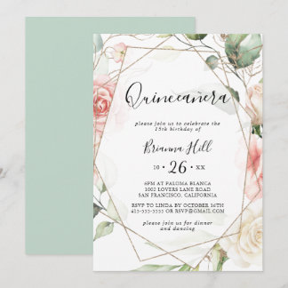 Geometric Gold Green Foliage Floral Quinceañera Einladung