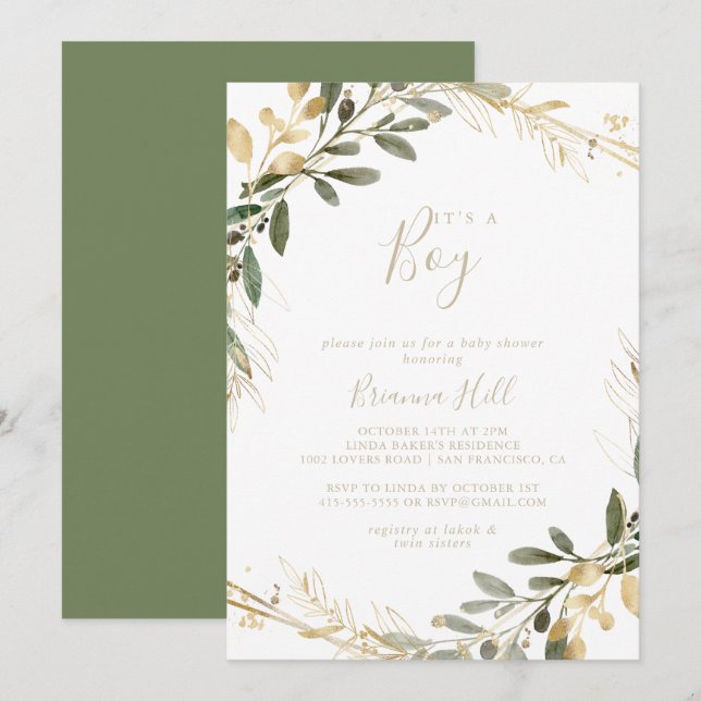 Geometric Gold Greenery Es ist eine Baby-Dusche Einladung (Vorne/Hinten)