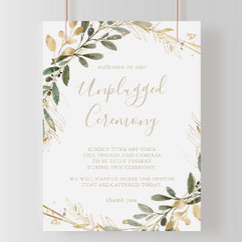 Geometric Gold Greenery Unplugged Ceremony Sign Poster
