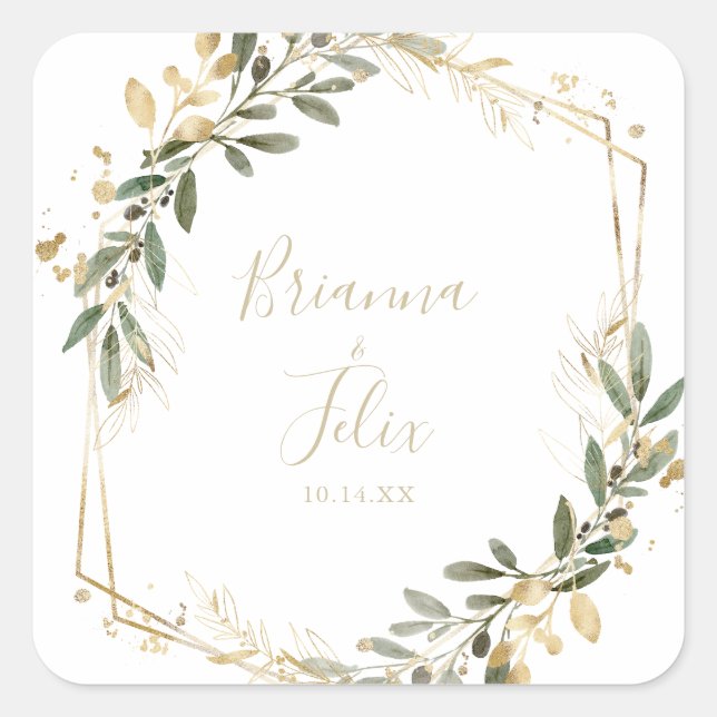 Geometric Gold Greenery Wedding Umschlag Aufkleber (Vorderseite)