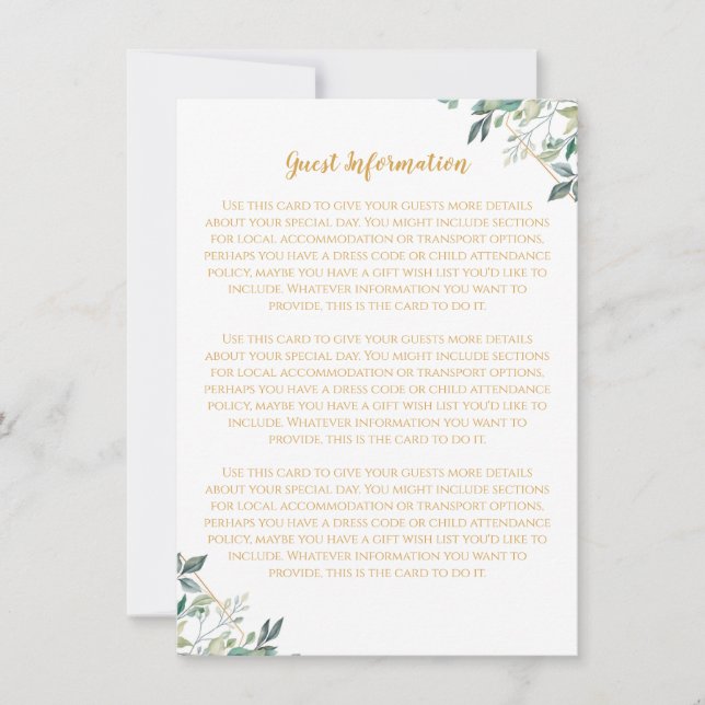 Geometric Gold Leaf Wedding Guest Information Card Einladung (Vorderseite)