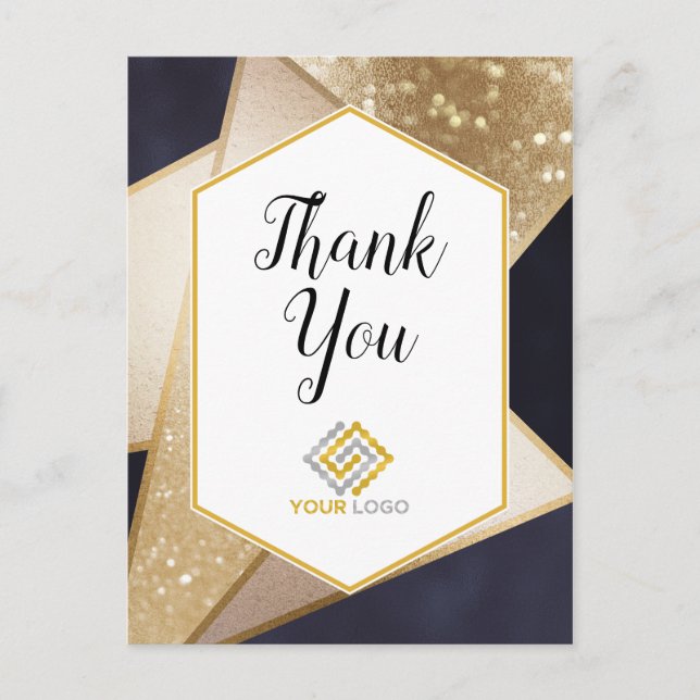 Geometric Gold Navy Blue Dankeschön Logo Business Postkarte (Vorderseite)