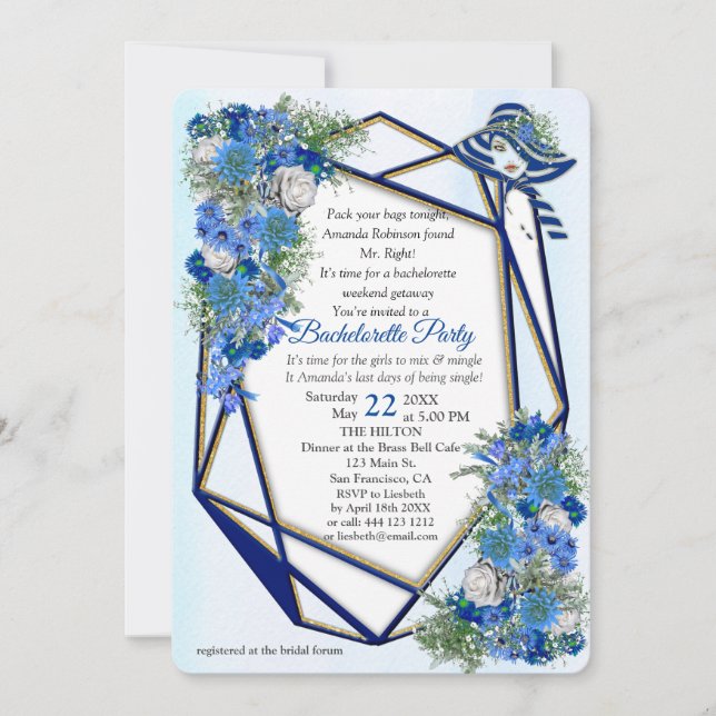 Geometric Gold Navy - Blue Flowers Bachelorette Einladung (Vorderseite)