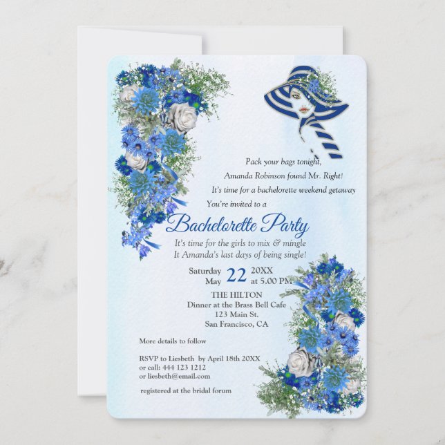 Geometric Gold Navy - Blue Flowers Bachelorette Einladung (Vorderseite)