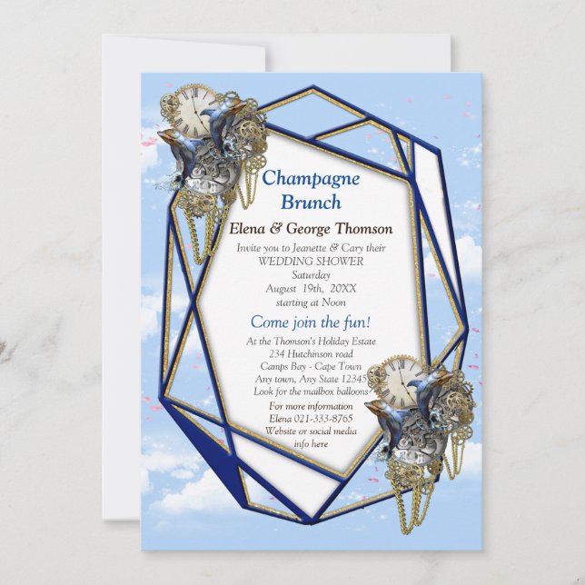 Geometric Gold Navy Blue Flowers Couple Duwer Inv Einladung (Vorderseite)
