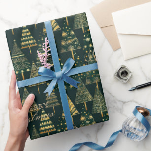 Geometric Gold Pine Trees Grünes Weihnachtsgold Geschenkpapier