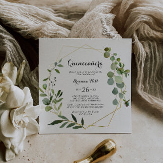 Geometric Gold Tropical Calligraphy Quinceañera Einladung