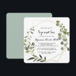 Geometric Gold Tropical Calligraphy Sip und Siehe Einladung<br><div class="desc">Diese geometrische goldene Tropenkalligrafie schlürft und erfreut sich einer besonderen Vorliebe für ein einfaches Treffen mit dem Baby-Party. Das Design besticht durch handbemalte grüne Blätter,  die einen goldenen geometrischen Rahmen schmücken.</div>