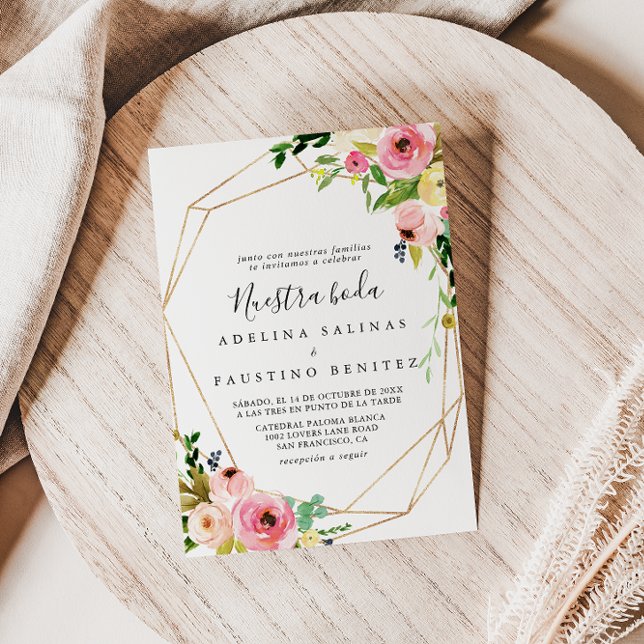 Geometric Gold Tropical Fall Nuestra Boda Wedding Einladung (Von Creator hochgeladen)