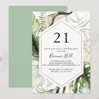 Geometric Gold Tropical Green 21. Geburtstag Party Einladung