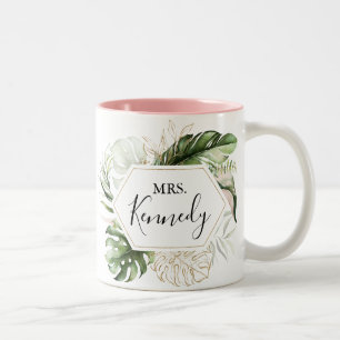 Geometric Gold Tropical Green Mrs. Newlywed Bride Zweifarbige Tasse
