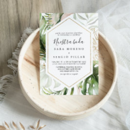 Geometric Gold Tropical Green Nuestra Boda Wedding Einladung