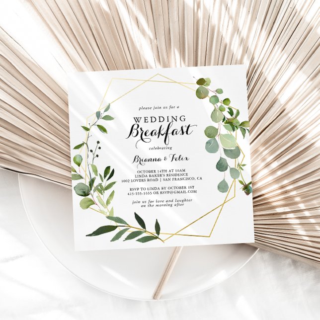 Geometric Gold Tropical Green Wedding Breakfast Einladung (Von Creator hochgeladen)