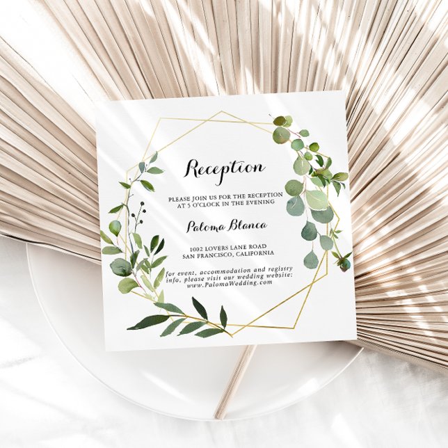Geometric Gold Tropical Green Wedding Reception Begleitkarte (Von Creator hochgeladen)