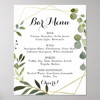 Geometric Gold Tropical Wedding Bar Menu Sign Poster