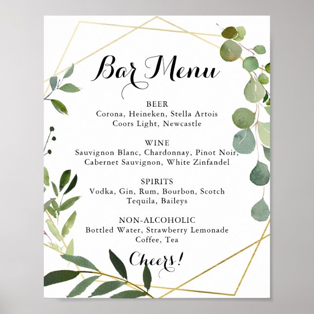 Geometric Gold Tropical Wedding Bar Menu Sign Poster (Vorne)