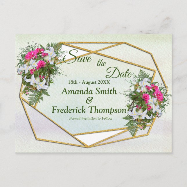 Geometric GoldGlitter Blume Bouquet Save the Date Ankündigungspostkarte (Vorderseite)