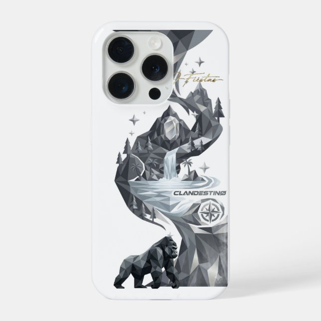 “Geometric Gorilla iPhone Case – Silver Jungle  15 Pro Hülle (Rückseite)