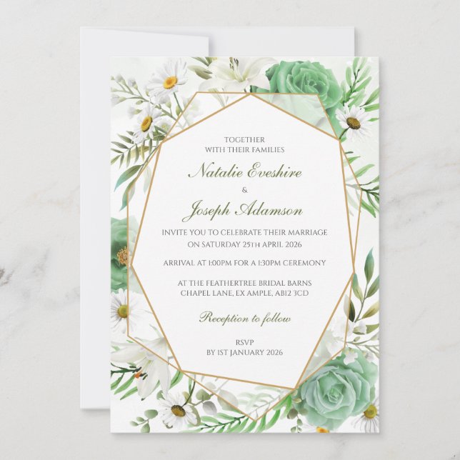 Geometric Green Rose Wedding Invitation (Devant)