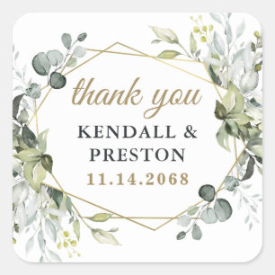 Geometric Greenery Elegant Gold Wedding Vielen Dan Quadratischer Aufkleber