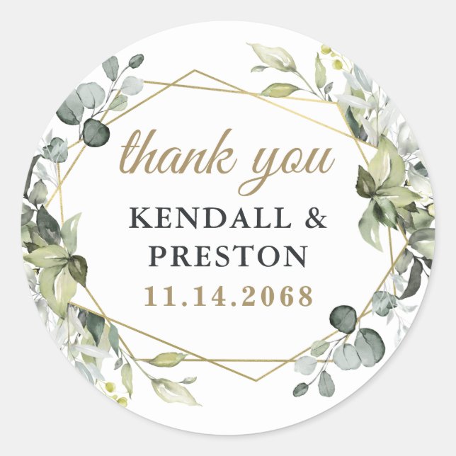 Geometric Greenery Elegant Gold Wedding Vielen Dan Runder Aufkleber (Vorderseite)
