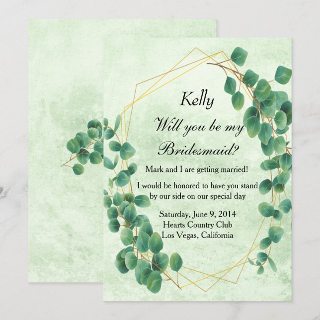 Geometric Greenery Eucalyptus Blätter Bridesmaid Einladung (Vorne/Hinten)