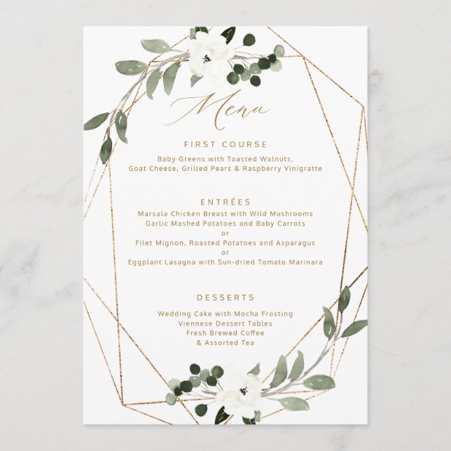 Geometric Greenery Gold Wedding Menu Menükarte (Vorderseite)