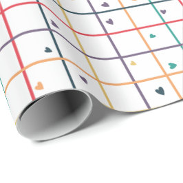 Geometric Grid Pattern with Scattered Hearts Geschenkpapier