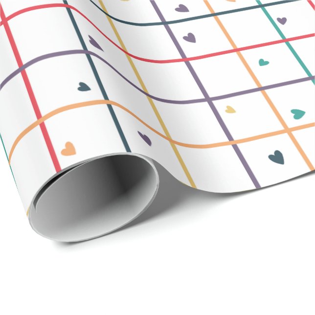 Geometric Grid Pattern with Scattered Hearts Geschenkpapier (Rolleneckpunkt)