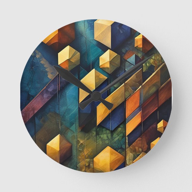 Geometric Harmony: Abstract Cubes in Gold and Teal Runde Wanduhr (Vorderseite)