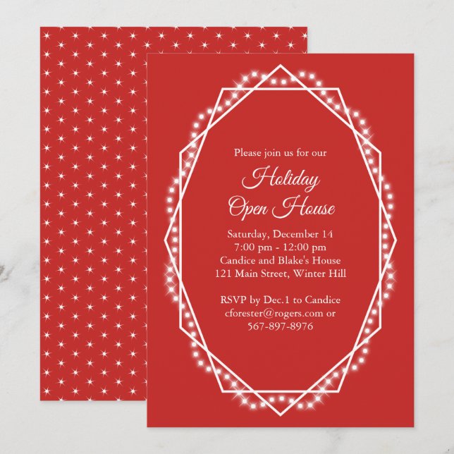 Geometric Holiday Sparkle Open House Red Einladung (Vorne/Hinten)