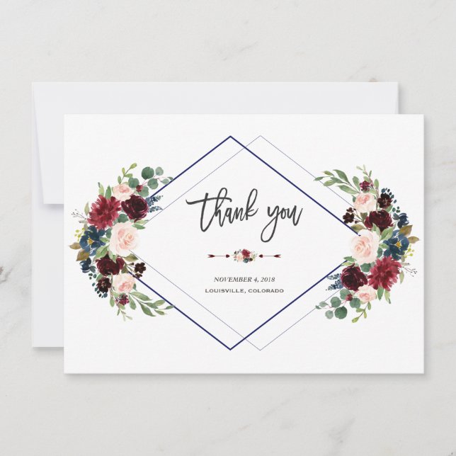Geometric Merlot Navy Floral Wedding Vielen Dank Dankeskarte (Vorderseite)