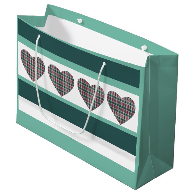 Geometric Modern Christmas Tartan Hearts Große Geschenktüte (Vorderseite Schrägansicht)
