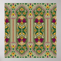 Geometric Mughal Paisley pattern on green backgrou