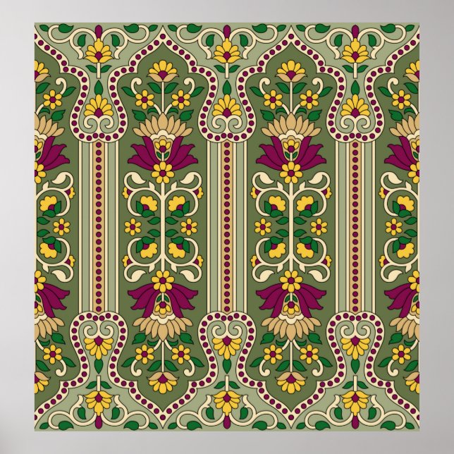 Geometric Mughal Paisley pattern on green backgrou Poster (Vorne)