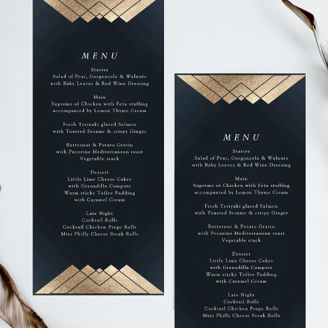 Geometric Navy Blue Gold Gatsby Wedding Menükarte (Von Creator hochgeladen)