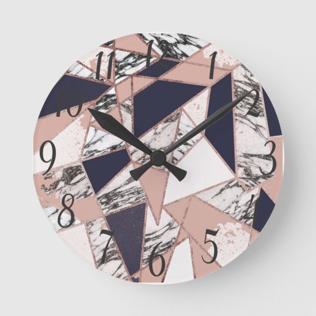 Geometric Navy Blue Peach Marble and Rose Gold Runde Wanduhr (Vorderseite)