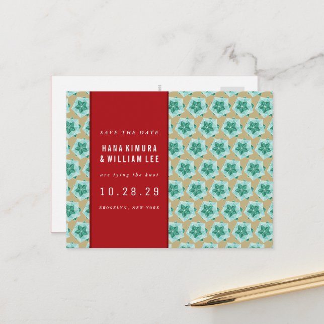 Geometric Origami Ball Asian Wedding Save the Date Ankündigungspostkarte (Vorderseite/Rückseite Beispiel)