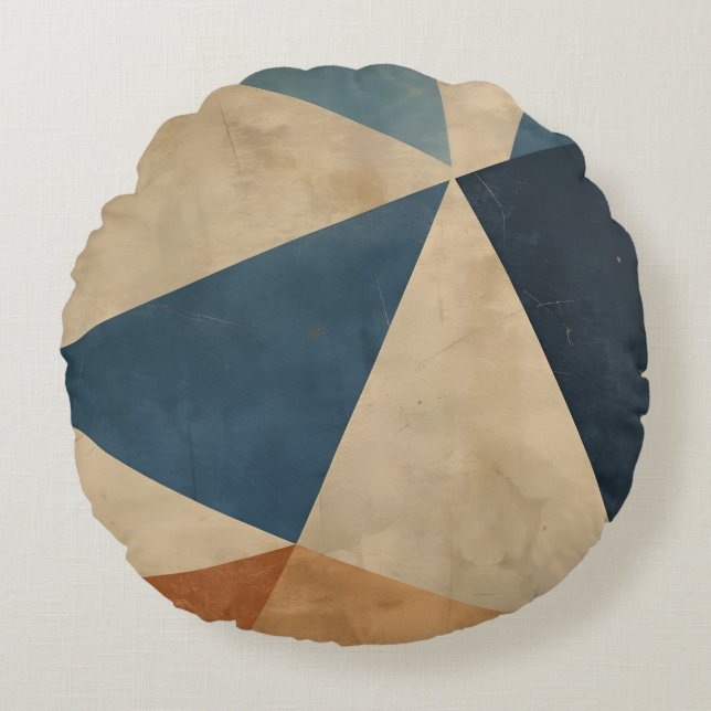 Geometric Pattern in Blues, Tans, and Rust Rundes Kissen (Vorderseite)
