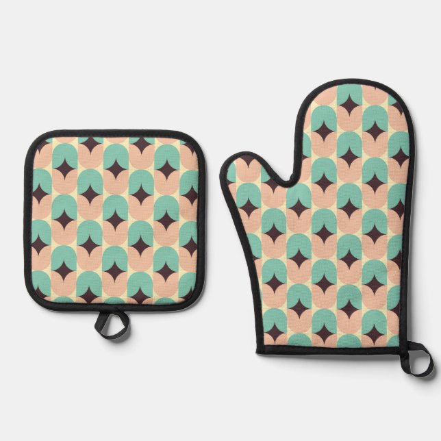 Geometric pattern of teal, beige, and black shapes ofenhandschuh & Topflappen-Set (Vorderseite)